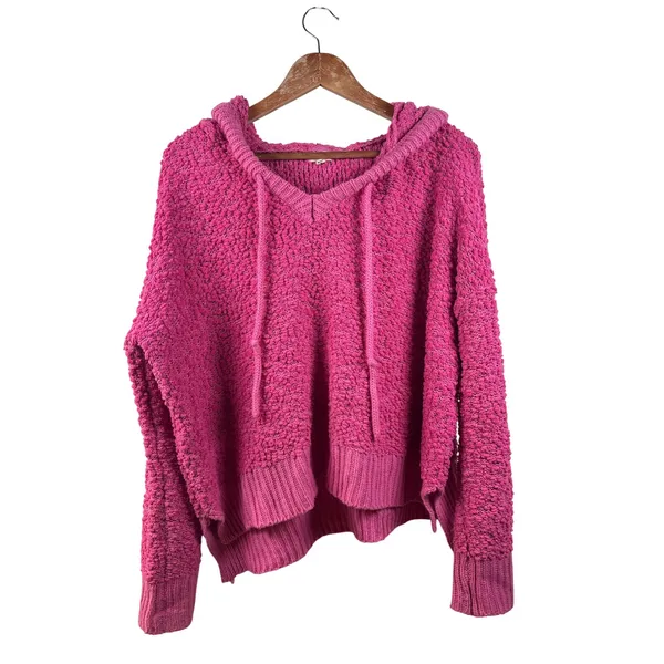 POL Pink Knit Popcorn Hoodie Large V Neck Long Sleeve‎ Pullover Sweater Womens - Image 2