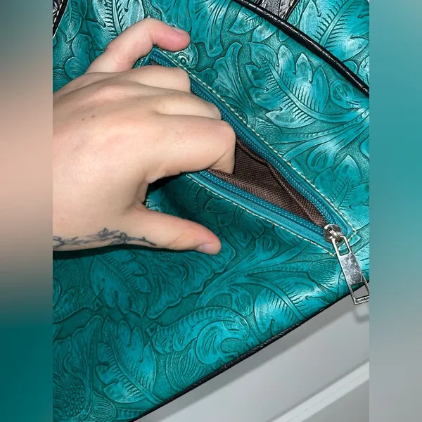 Tooled Leather Laser Cut Purse Feather Country Western Handbag Shoulder Bag - Image 6