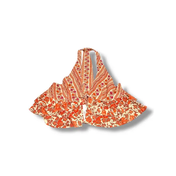 Free People Floral Halter Top S Orange Pink Ruffle Tie Front Boho NEW Love Charm - Image 2