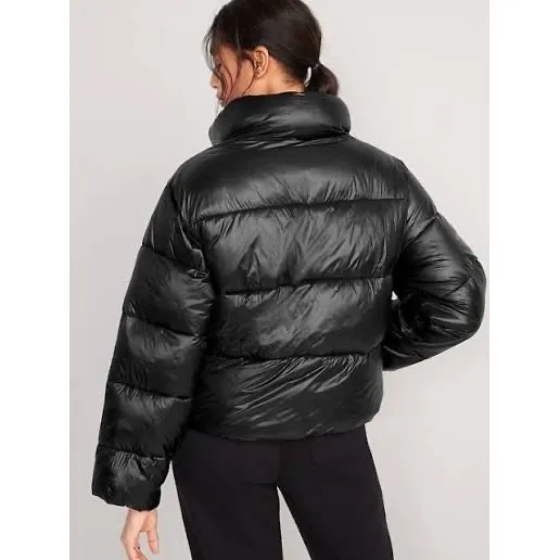 Old Navy Womens XL Shiny Black Puffer Jacket Quilted Zip Up Stand Collar Coat - Image 2