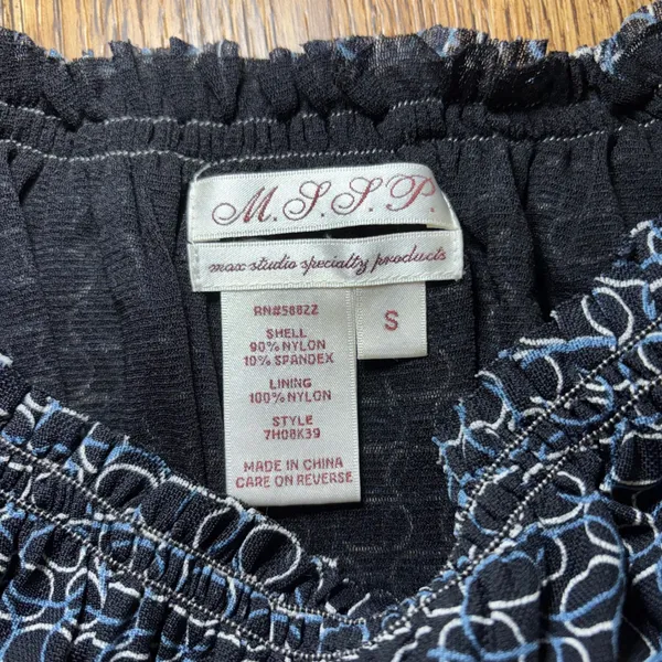 Max Studio Specialty Black Blue Geometric Babydoll Top Women's Small Office Chic - Image 2