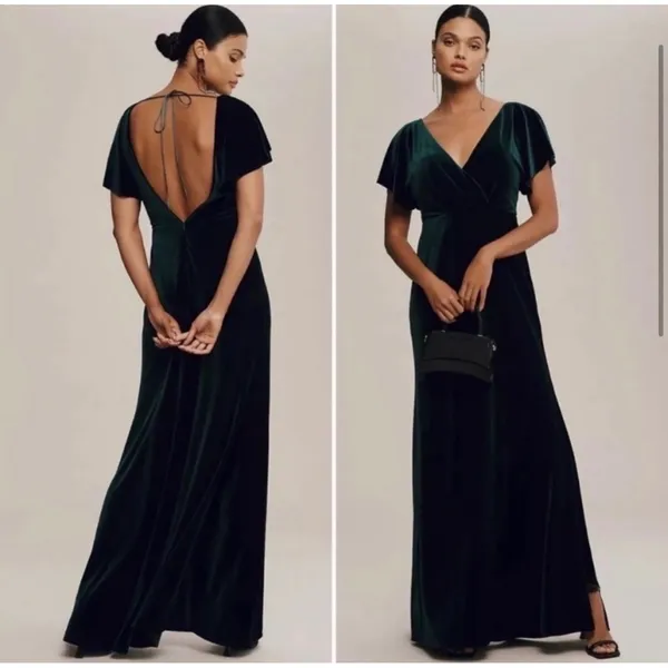 Anthropologie Jenny Yoo Ellis Gown Dark Green Velvet Flutter Sleeve Maxi Dress 4 - Image 2