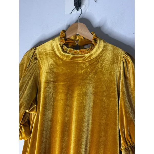 Calista Mustard Yellow Velvet Babydoll Mini Dress Ruffle Neck Puff Sleeve S - Image 3