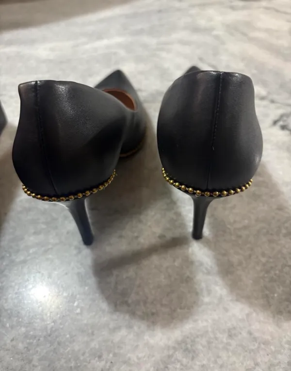 Coach black leather pointed toe pumps with gold studs along the edge, size US 6.5 - Image 6