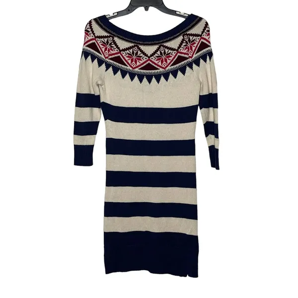 American Eagle‎ Sweater Dress Size Medium Navy Cream Striped With Nordic Pattern - Image 8