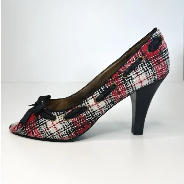 Steve Madden NINNA Plaid Peep Toe Heels Size 9 M Red Tweed Bow‎ Twee Y2K Pin-Up - Image 7