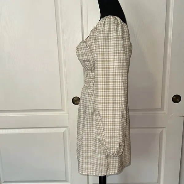 Leyden Cream Tan Gingham Ruched Detail Balloon Sleeve Western Dress - Image 3