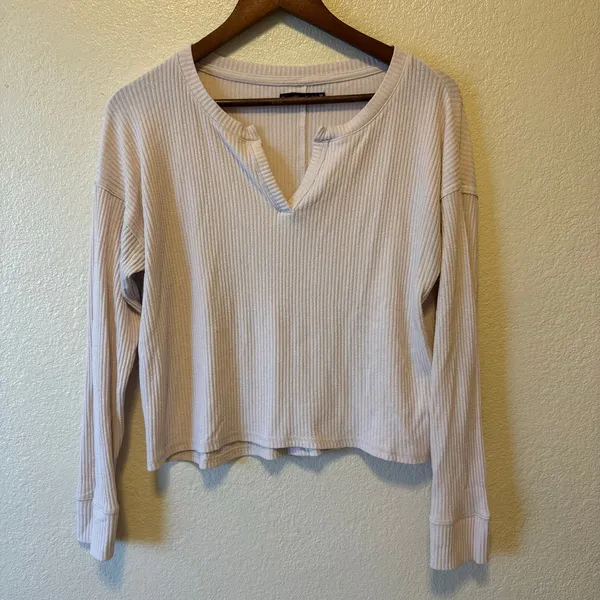 Abercrombie & Fitch Beige Ribbed Notch Neck Long Sleeve Top Medium - Image 2