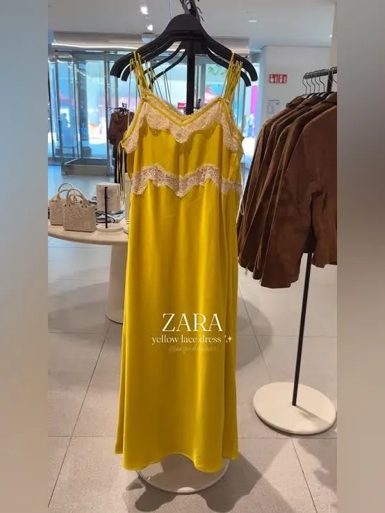 Zara Yellow Satin Finish Slip Dress with White Lace Trim Size Small - Image 3