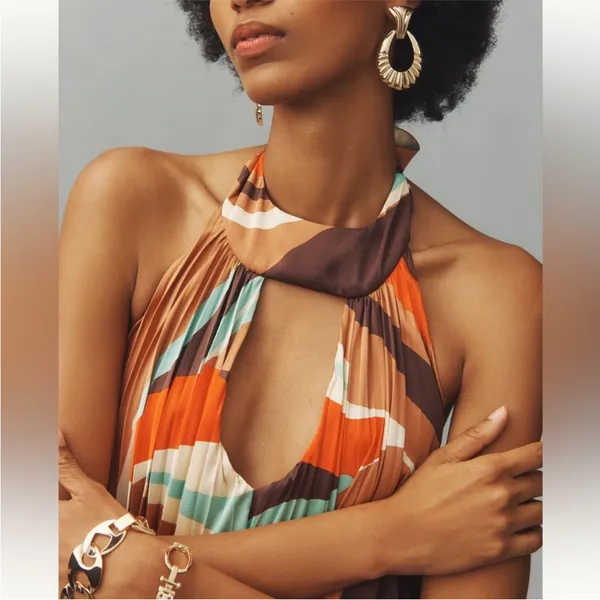Anthropologie Hutch Halter‎ Pleated Swing Mini Dress Orange Blue Brown M NWT - Image 6