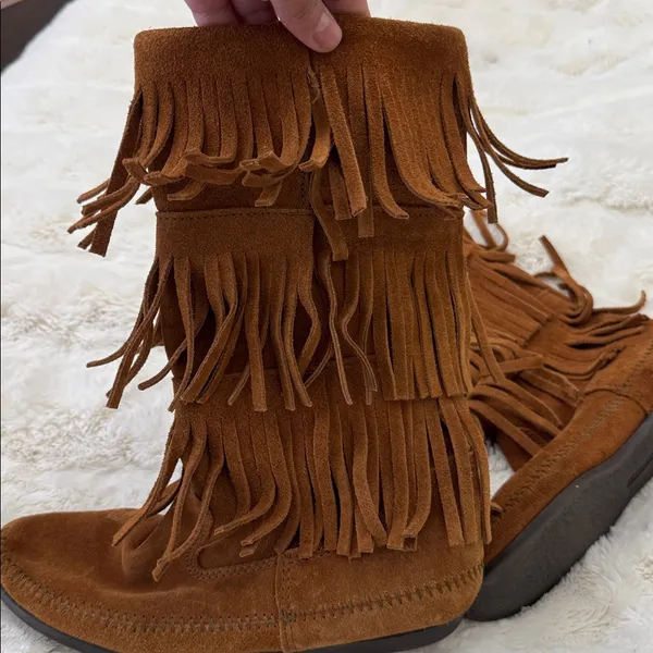 MINNETONKA Brown Suede Three Layer Fringe Boots, Size 9 - Image 3