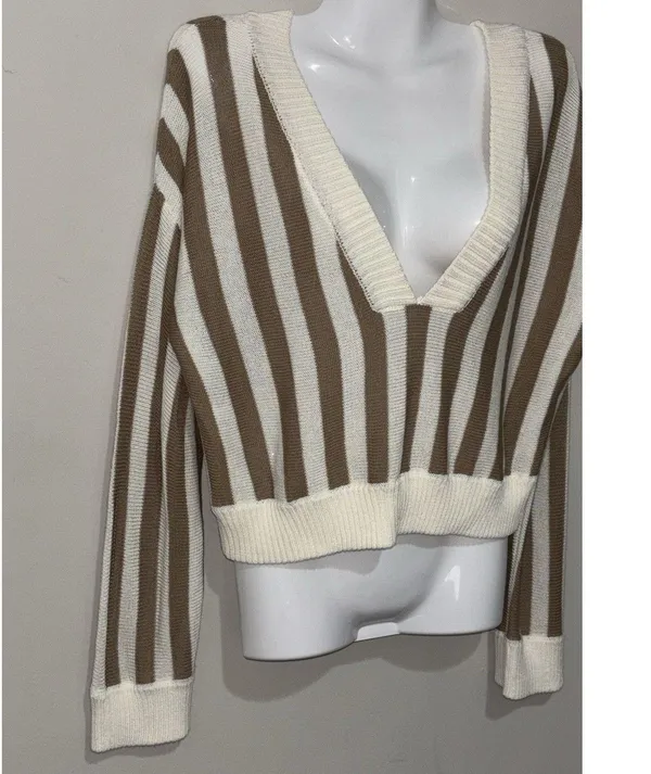 Honey Belle Sweater Womens Med Crop Top Tight Knit Brown & Ivory - Image 4