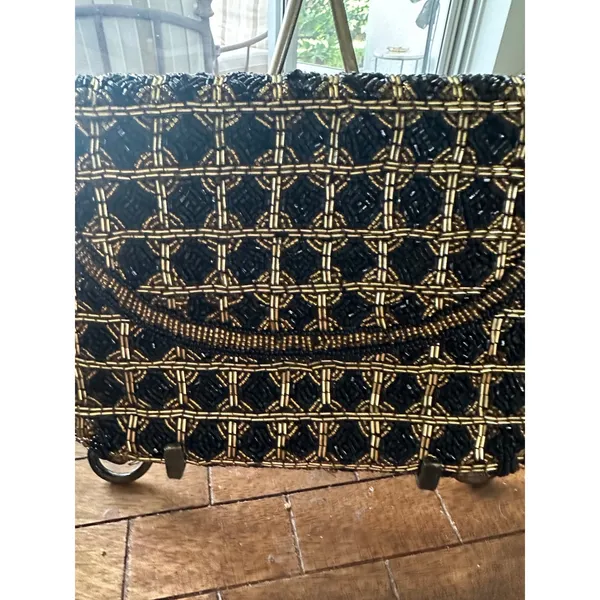 Vintage Beaded Evening Clutch Bag Black Gold Geometric Crossbody Formal PurseGUC - Image 4