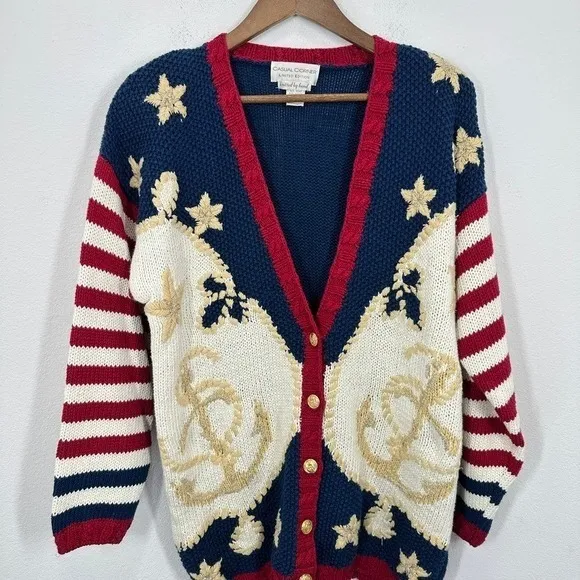 Vintage Nautical‎ Anchor Star Striped Chunky Knit Cardigan Sweater 90s Teacher - Image 2