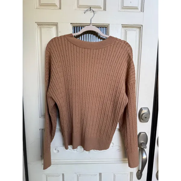 Anne Klein Womens Camel Brown Cable Knit V-Neck Pullover‎ Sweater Size Medium - Image 2