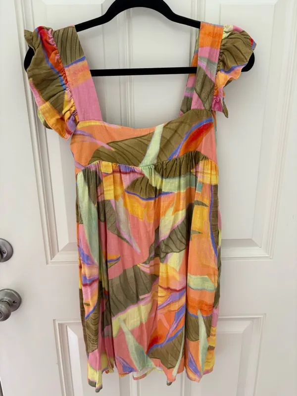 Revolve Kourt Pink Green Tropical Print Square Neck Ruffled Linen Mini Dress NWT XS - Image 5