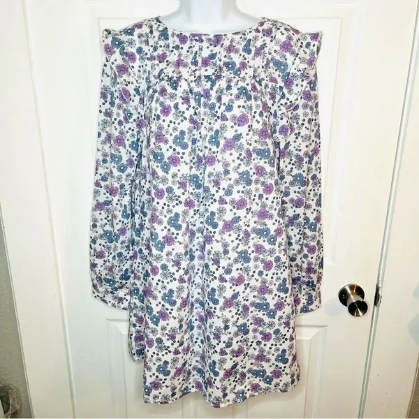 Modcloth Floral Prairie Doll Mini Dress Ruffle Shoulder Purple Blue M NWT - Image 4