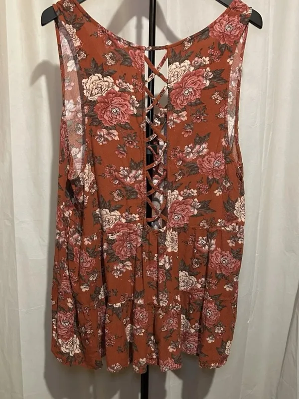 American Eagle Outfitters Baby Doll Tunic Top,Rust Floral Roses XL - Image 3