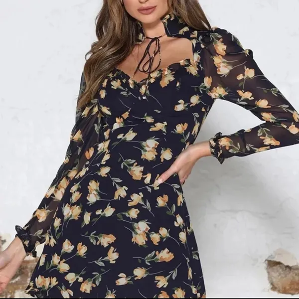 Women's Floral Heart Neck Long Sleeve Cocktail Party Mini Dress Size S - Image 2