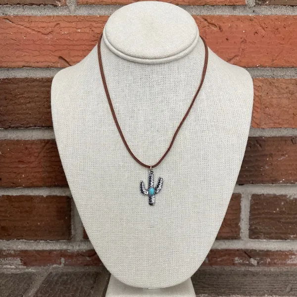 Saguaro Cactus & Turquoise Pendant Necklace Set with Faux Leather - Image 3