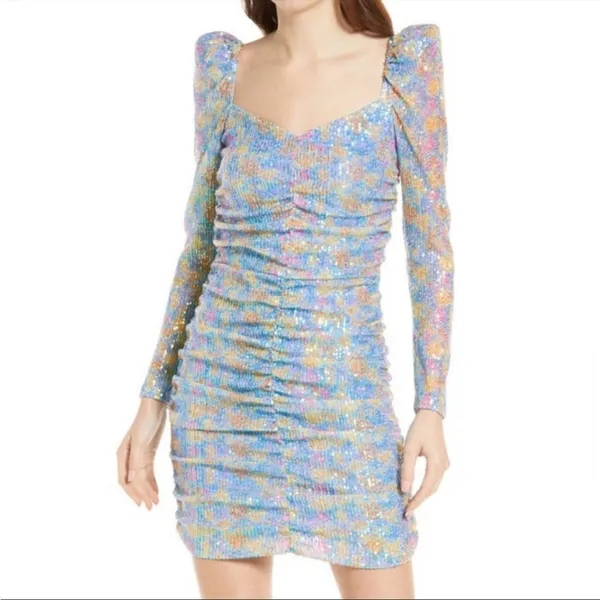SAYLOR Multicolour Sequin Ruched Bodycon Dress Small Long Sleeve Mini - Image 7