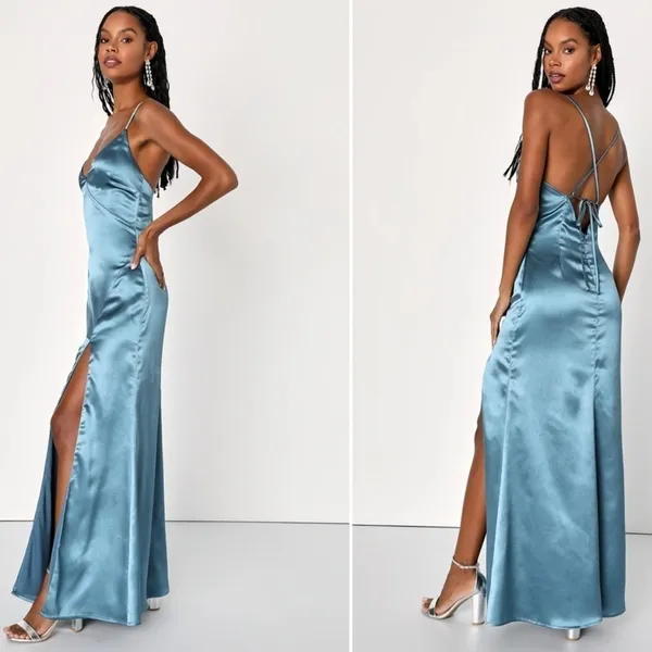 LULUS Prom Wedding Bridesmaid Sexy Satin Open Tie Back Elegant Maxi Dress - Image 2