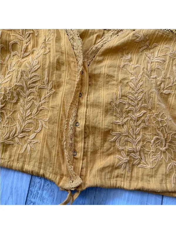 Free People Follow Your Heart Golden yellow Embroidered Lace Blouse size medium - Image 6