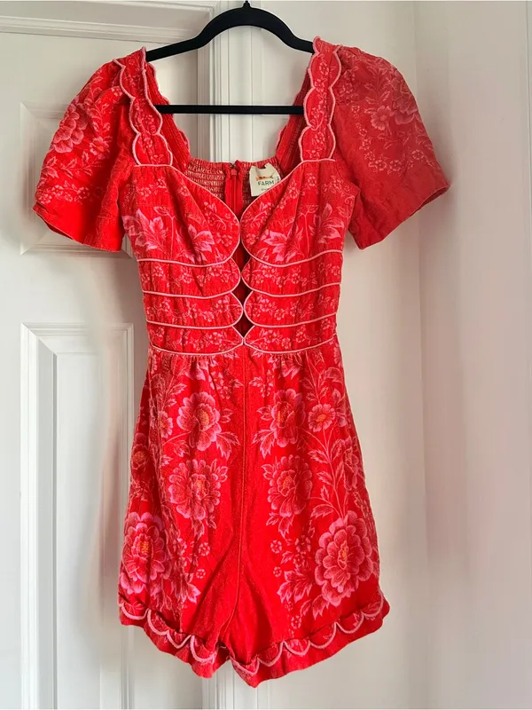 FARM Rio Olivia Red Floral Puff-Sleeve Mini Romper - Image 6