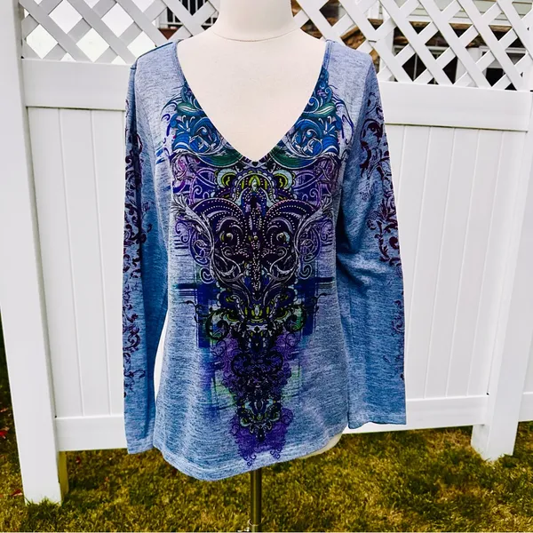 Live & Let Live Blue & Purple Printed Embellished Long Sleeve Top Women's - Image 6