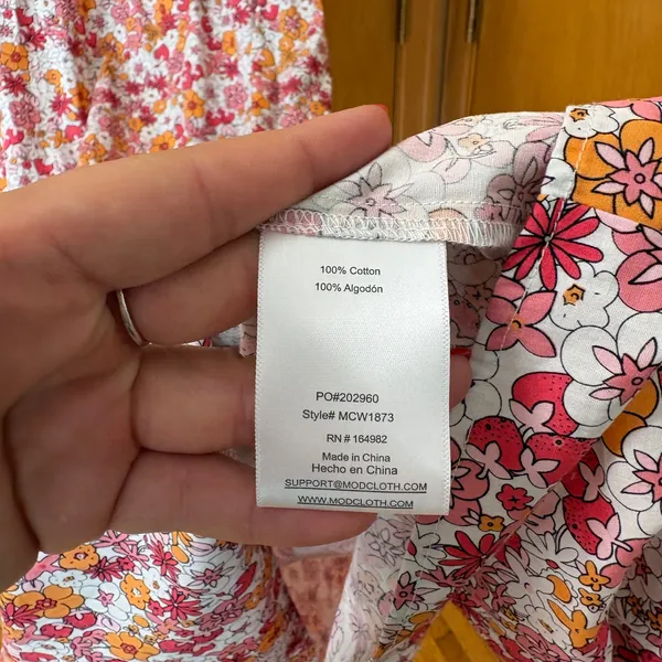 ModCloth Midi Dress Womens S Pink Orange Floral Tiered Cotton Puff Sleeve Pocket - Image 4