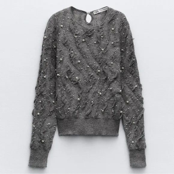 Zara Gray Sweater Gray Textured Wool Blend Cozy‎ Chunky Sweater Coquette - Image 2