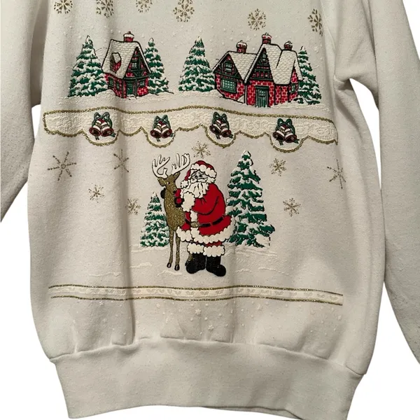 Vintage Oneita Ugly Christmas Sweatshirt 90s Santa Reindeer Cottage Size Med - Image 4