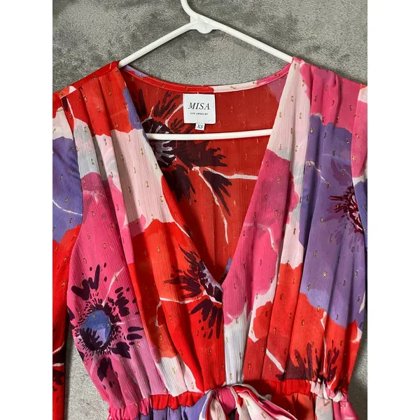 Misa Kaia Bell-Sleeve Chiffon Mini DressPlunge Neck Boho Chich Statement XS - Image 2