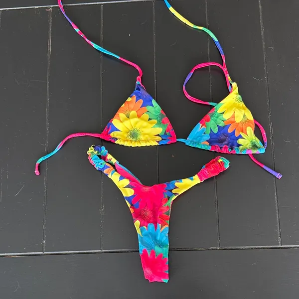 SHEIN Bright Rainbow Floral Triangle Bikini - Yellow, Blue, Pink, Green - Image 3