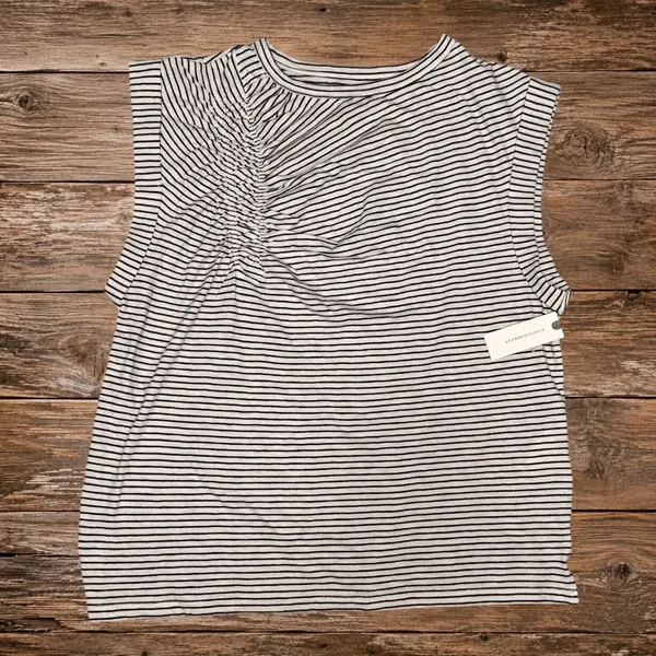 Anthropologie Pilcro Striped Ruched Sleeveless Top Ivory Black Cotton Small NWT - Image 2