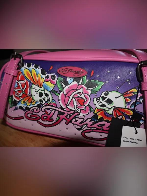 Ed Hardy Pink Shoulder Bag Tattoo Skull Rose Butterfly Rhinestone Barrel Satchel - Image 13