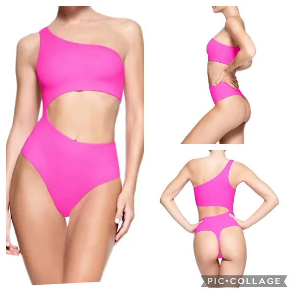 SKIMS Size 3X fits everybody one shoulder cut out bodysuit - neon pink NWT - Image 6