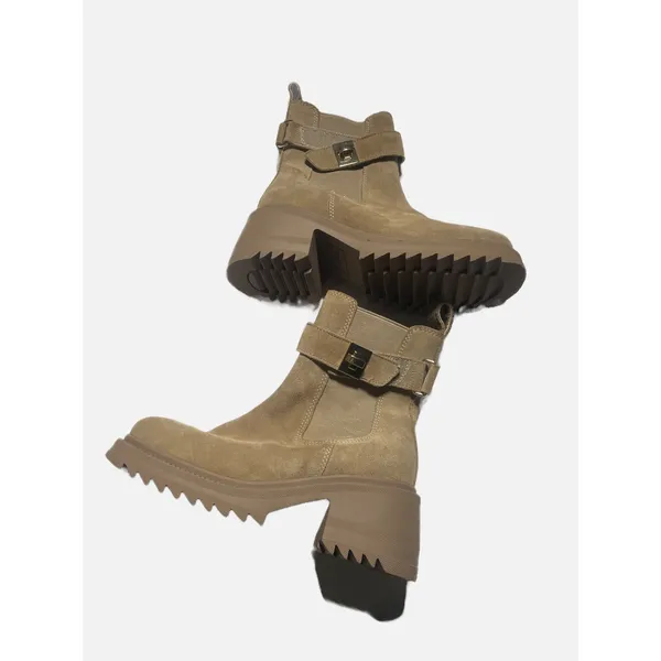 Steve Madden Suede Ankle Boots Womens 6.5 Tan Lug Sole Chunky Heel Turn-Lock Edg - Image 5