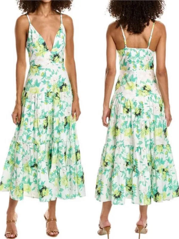 Beulah Style Floral Tiered Maxi Midi Dress White Green Yellow Boho Bohemian - Image 2