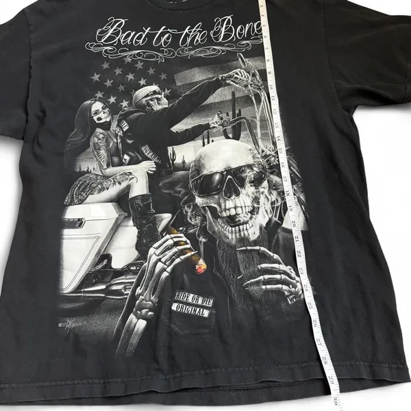 Ride or Die Bad to Bone Motorcycle Biker Black Graphic AOP Tee Tshirt Y2K DGA David Gonzales Skull Skeletons Baggy Oversize Sz XL - measurement in pics - Image 4