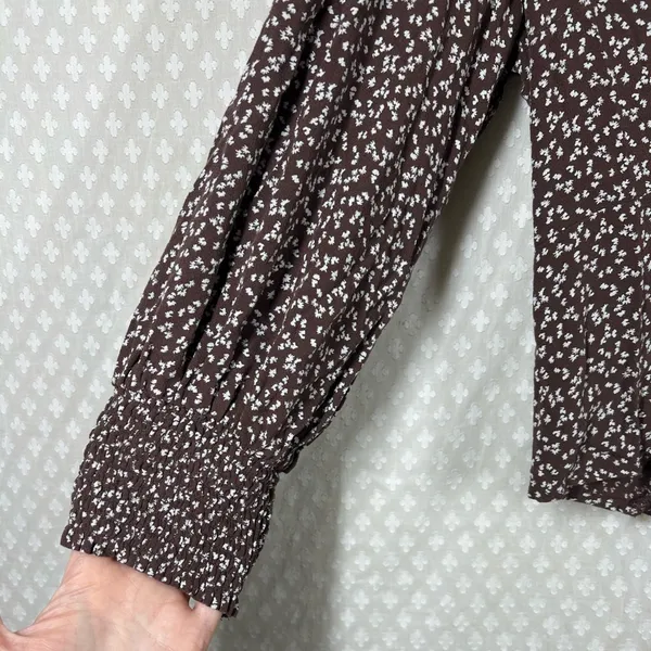 Abercrombie &‎ Fitch Brown White Floral Button Up Puff Sleeve Cropped Top - Image 6