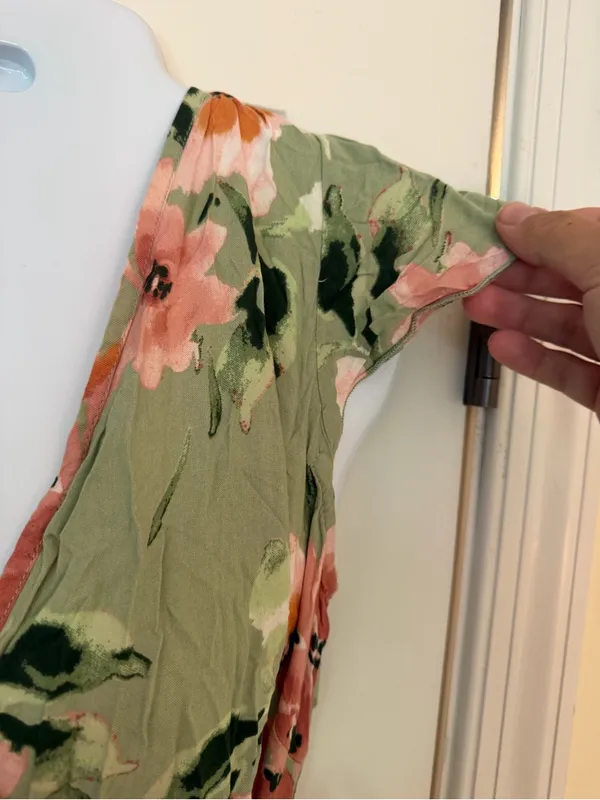 Floral Cotton Rayon Faux Wrap Maxi Dress Sage Green Pink Medium M - Image 4