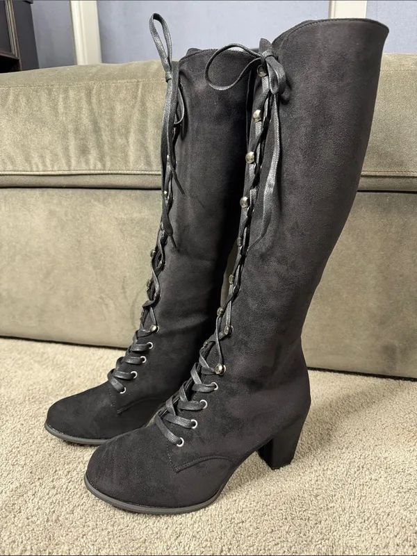 Tall Black Faux Suede Lace-Up Women’s Boots Gothic Size 8.5 (41) NEW - Image 2