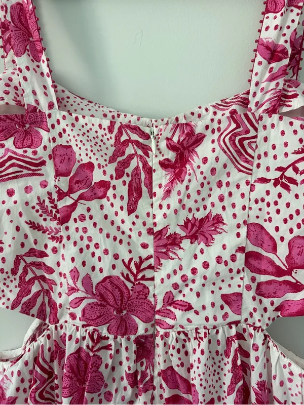Zara Pink White Cut Out Floral Tiered Skirt Beaded Boho Cottagecore Maxi Dress M - Image 7