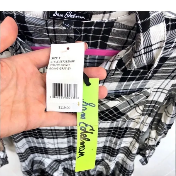 NEW Sam Edelman Plaid Gingham Dress Long Sleeve‎ Black White Collar Size 2 - Image 5
