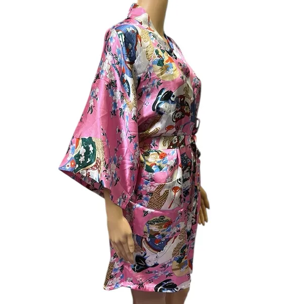 Pink Geisha Lotus Floral Satin Pocket Kimono Robe Tie Belt One Size Fits Most - Image 5