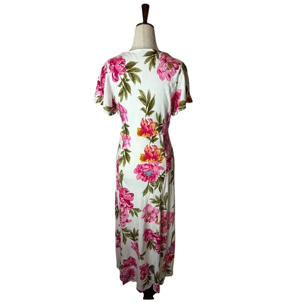 White Closet Maxi Dress Women Medium White Pink Linen Floral Boho Cottagecore - Image 3