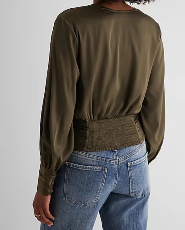 Satin V-Neck Balloon Sleeve Faux Wrap Top - Image 3