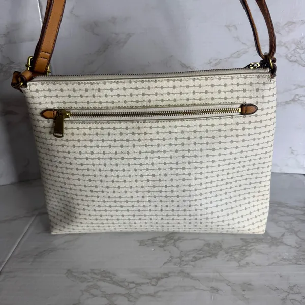 Fossil kinley Women's Crossbody Bag Key Pattern Canvas Leather Trim Cream Brown - Image 5