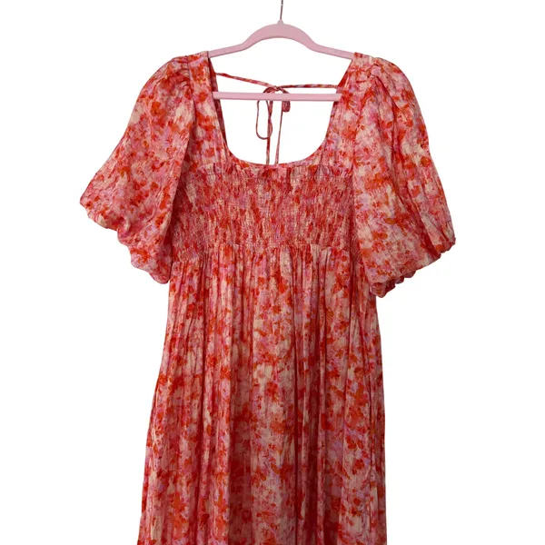 Anthropologie Smocked Babydoll Midi Dress Pink Orange Floral M Medium - Image 9